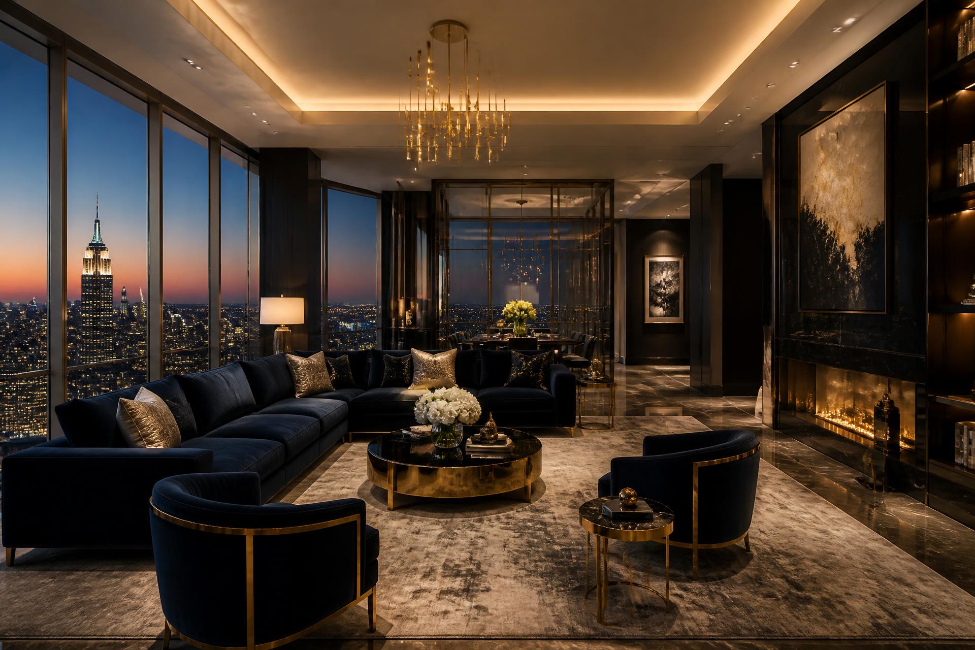 Luxury penthouse living room overlooking a city skyline at dusk